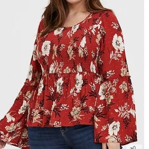 Torrid red terracotta floral crinkled babydoll top